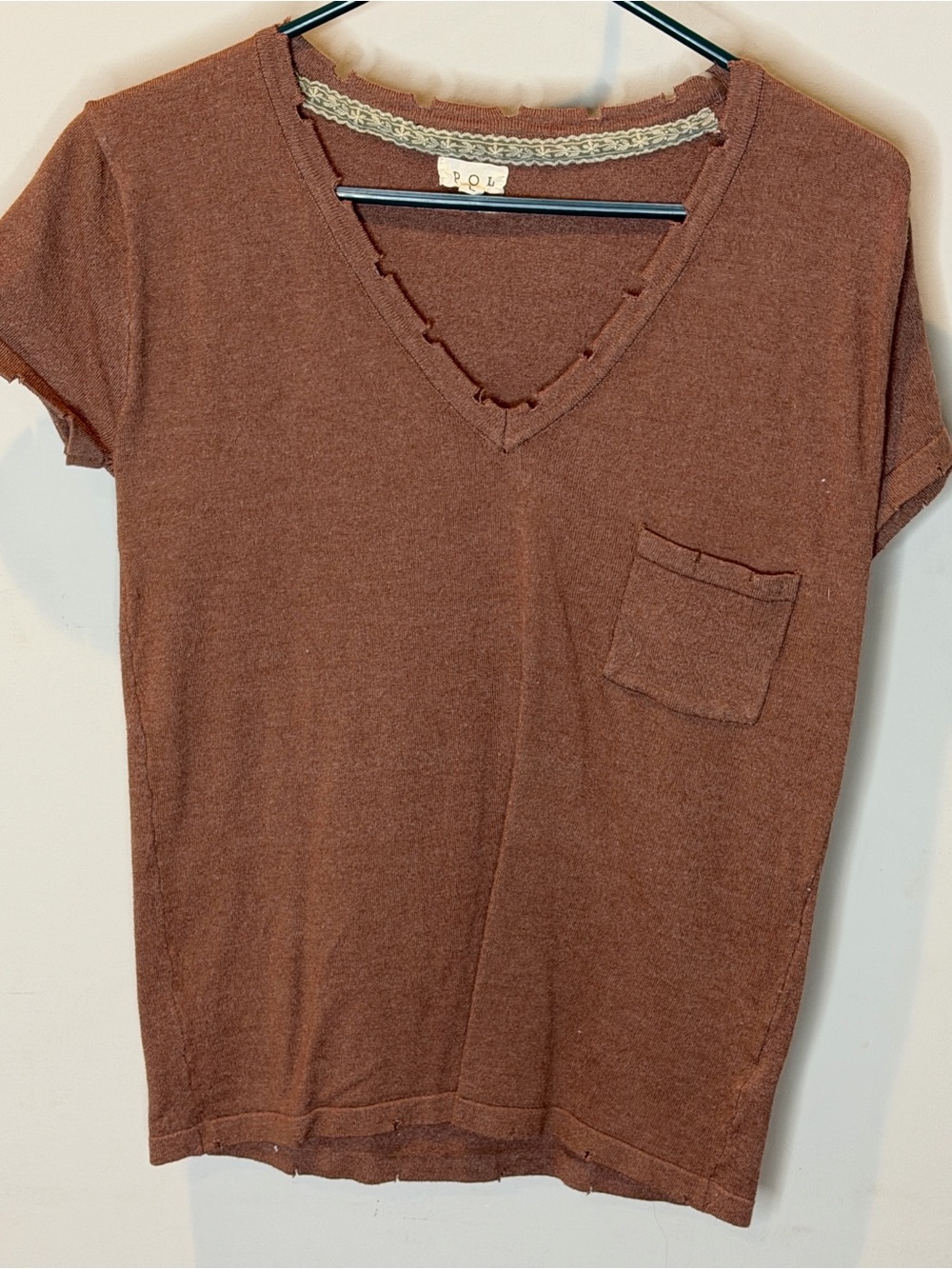 Brown V-Neck Short Sleeve Pocket Top